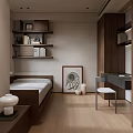 Minimalist Tatami Bedroom With Wooden Storage Bed Shelves Desk And Decorative Painting