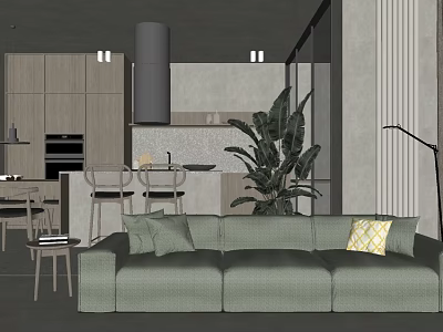 Modern Interior Design With Gray Sofa Large Plant And Open Kitchen Area 3d model