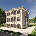 European Style Two Story Detached Villa With Beige Exterior Arched Windows And Landscaped Garden
