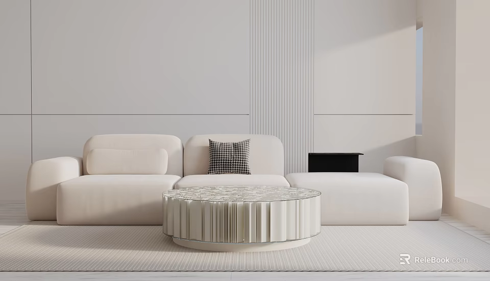 White Modern Three Seater Sofa With Round Coffee Table And Black Cushion In Minimalist Interior 3d model 