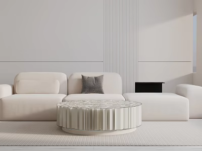 White Modern Three Seater Sofa With Round Coffee Table And Black Cushion In Minimalist Interior 3d model