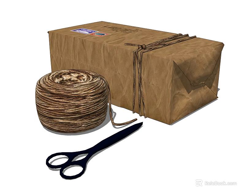 Decorative Ornament Set with Paper Wrapped Box Natural Jute Rope and Black Scissors 3d model 