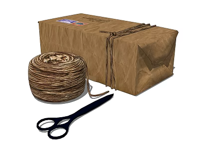 Decorative Ornament Set with Paper Wrapped Box Natural Jute Rope and Black Scissors 3d model