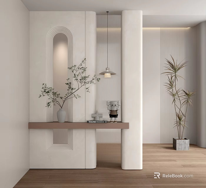 Modern Room Partition Design With White Panel Wooden Shelf Pendant Light And Green Plants 3d model 