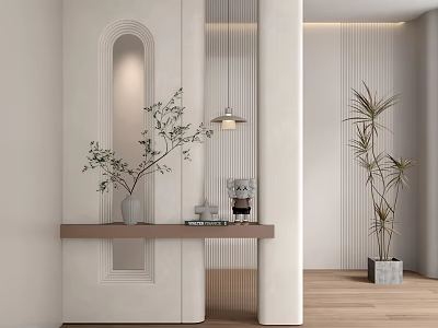 Modern Room Partition Design With White Panel Wooden Shelf Pendant Light And Green Plants 3d model