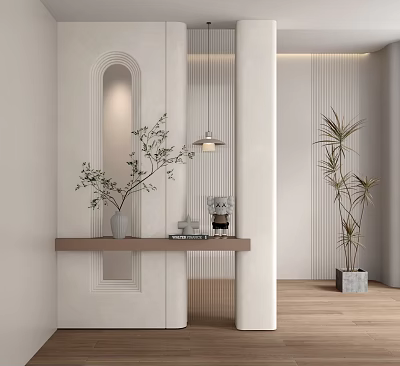 Modern Room Partition Design With White Panel Wooden Shelf Pendant Light And Green Plants 3d model