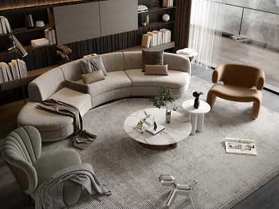 Modern Curved Sofa and Coffee Table Set With Marble Top Throw Pillows and Armchairs 3d model