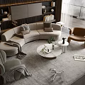 Modern Curved Sofa and Coffee Table Set With Marble Top Throw Pillows and Armchairs