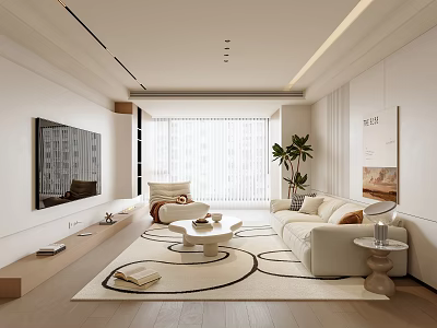 Modern Living Room Interior Design With White Sofa TV Wall Area Rug And Large Window 3d model
