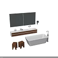 Modern White Bathtub In Minimalist Bathroom With Wooden Vanity Large Mirror And Small Stools