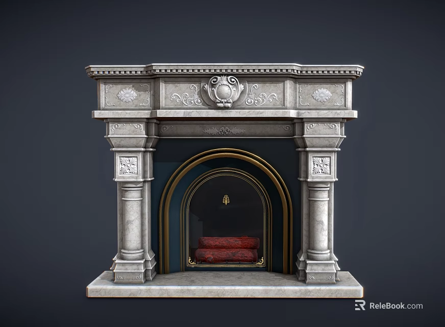 Ornate Traditional Stone Fireplace With Carved Columns Detailed Mantel And Red Hearth 3d model 