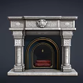 Ornate Traditional Stone Fireplace With Carved Columns Detailed Mantel And Red Hearth