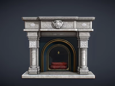Ornate Traditional Stone Fireplace With Carved Columns Detailed Mantel And Red Hearth 3d model
