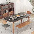 Modern Restaurant Interior With Black Dining Table Various Dishes Wooden Chairs Bench And Green Plant