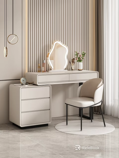 Modern Elegant Dressing Table With Illuminated Mirror Chair And Cosmetics On Striped Wall Background 3d model 
