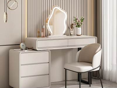 Modern Elegant Dressing Table With Illuminated Mirror Chair And Cosmetics On Striped Wall Background 3d model