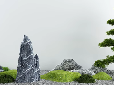Japanese Karesansui Dry Landscape Garden With Rock Formations Green Moss And Pine Tree Elements 3d model