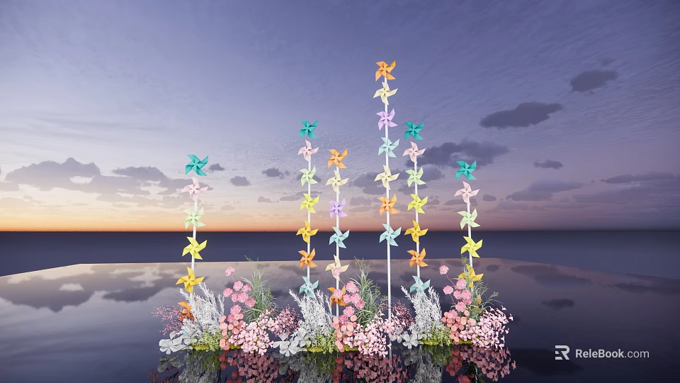 Colorful Windmill Decorative Setup With Pink White Flowers And Sunset Water Reflection 3d model 