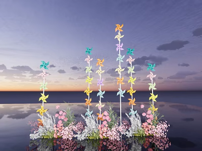 Colorful Windmill Decorative Setup With Pink White Flowers And Sunset Water Reflection 3d model
