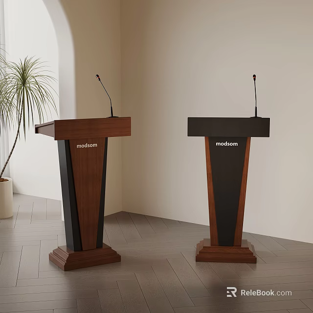 Modern Wooden And Black Podiums With Microphones And Madom Branding In Bright Indoor Setting 3d model 
