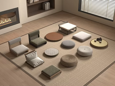 Diverse Floor Cushions And Poufs Arranged On Jute Rug In Cozy Room 3d model