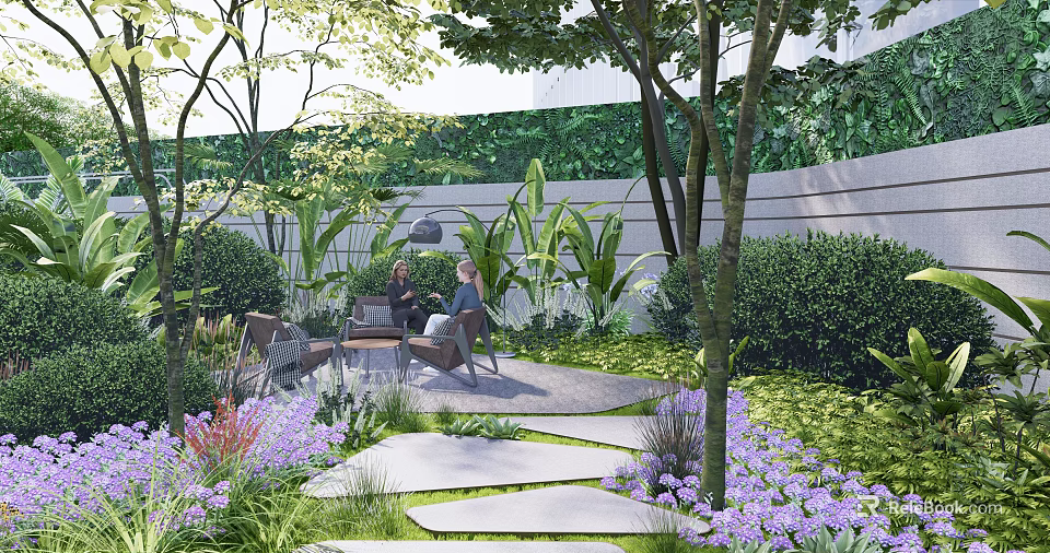 Courtyard Garden Design With Outdoor Seating Stone Pathway Purple Flowers And Green Shrubs 3d model 