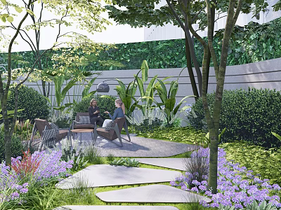 Courtyard Garden Design With Outdoor Seating Stone Pathway Purple Flowers And Green Shrubs 3d model