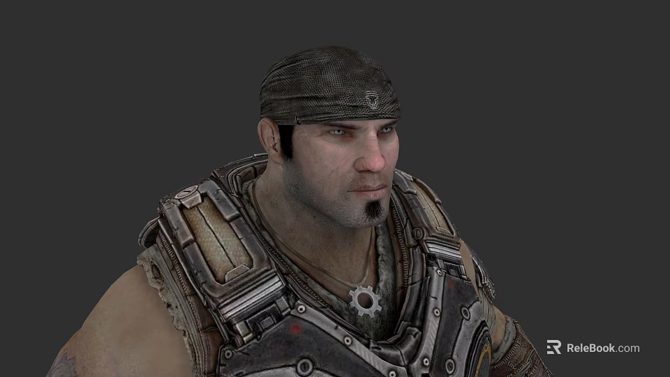 Muscular Game Character Wearing Dark Bandana With Armored Shoulder Plates Beard And Intense Expression 3d model 