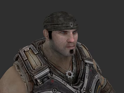 Muscular Game Character Wearing Dark Bandana With Armored Shoulder Plates Beard And Intense Expression 3d model