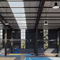 Modern Basketball Gym Interior With Hanging Lights Spectator Seats And Service Counter