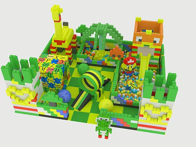 Colorful Building Blocks Children's Play Area With Castle Slide Ball Pit And Animal Shapes 3d model