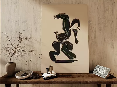 Minimalist Abstract Painting on Wooden Wall with Vase Books and Decorative Box on Table 3d model