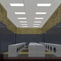 Spacious Laundry Room With Washing Machines Ceiling Lights Tiled Floor And Decorative Walls