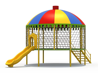 Colorful Dome Playground Equipment With Net Enclosure Yellow Slide Ladder And Yellow Pillars 3d model