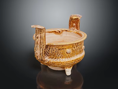 Ancient Ceramic Tripod Cauldron With Carved Patterns And Two Handles 3d model