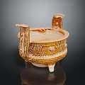 Ancient Ceramic Tripod Cauldron With Carved Patterns And Two Handles