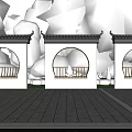 Chinese Garden Wall With Circular Arches Traditional Roof Green Trees And People Nearby