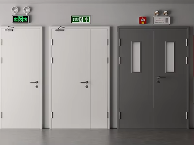 Essential Fire Equipment with Emergency Exit Signs Fire Alarms and Emergency Lights on Safety Doors 3d model