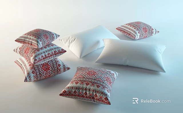 Red And White Patterned Pillows With Plain White Ones Stacked And Placed 3d model