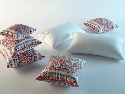 Red And White Patterned Pillows With Plain White Ones Stacked And Placed 3d model