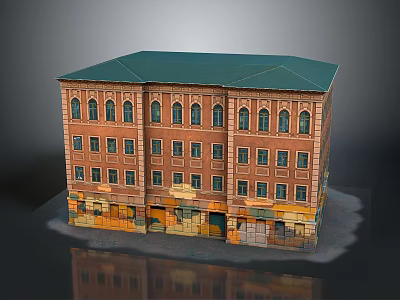 Red Brick Multi Story Building Model With Green Roof And Ground Floor Shops 3d model