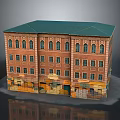 Red Brick Multi Story Building Model With Green Roof And Ground Floor Shops