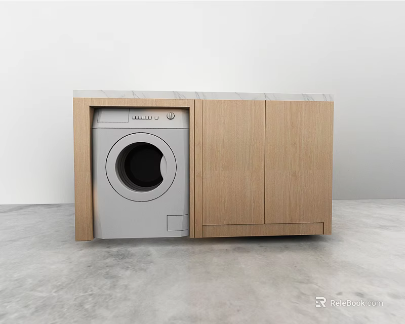 Modern Built in Washing Machine in Wooden Cabinet for Laundry Area 3d model 