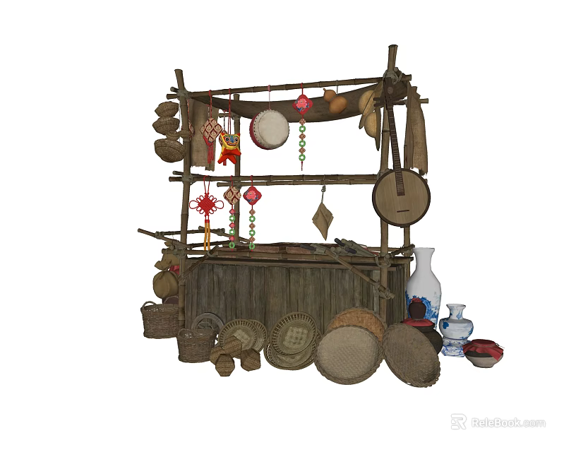 Traditional Handicraft Stall Display With Bamboo Baskets Hanging Decorations And Ceramic Vases 3d model 