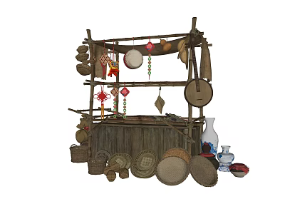 Traditional Handicraft Stall Display With Bamboo Baskets Hanging Decorations And Ceramic Vases 3d model