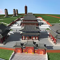 Ancient Architecture Site Featuring Traditional Towers Historic Buildings Ponds And Green Grassland