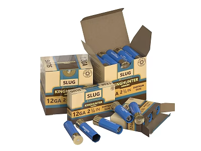 Kinghunter Slug Ammunition 12GA 2 3/4 Inch With Open Boxes And Scattered Rounds 3d model