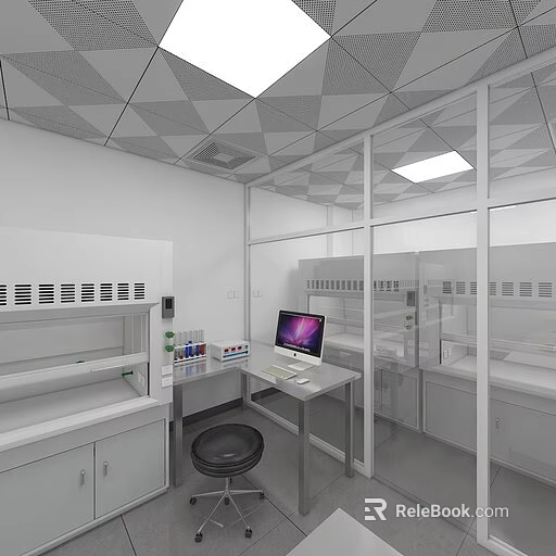 Modern Laboratory Interior With Glass Partitions Lab Benches Computer And White Cabinets 3d model 