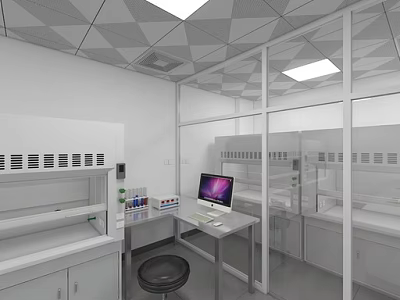 Modern Laboratory Interior With Glass Partitions Lab Benches Computer And White Cabinets 3d model