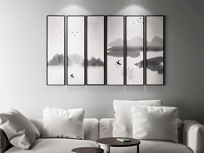 Chinese Ink Five Panel Landscape Painting With Mountains Birds And Water 3d model